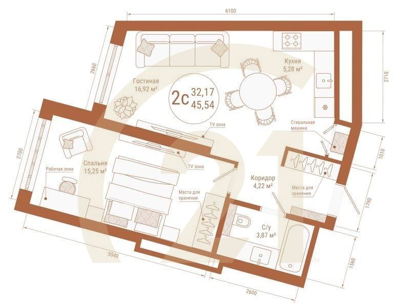 2-комн, 45.54 м², 10-19 этаж
