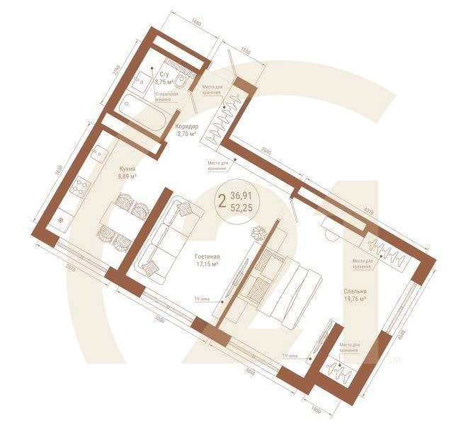 2-комн, 52.25 м², 18-21 этаж