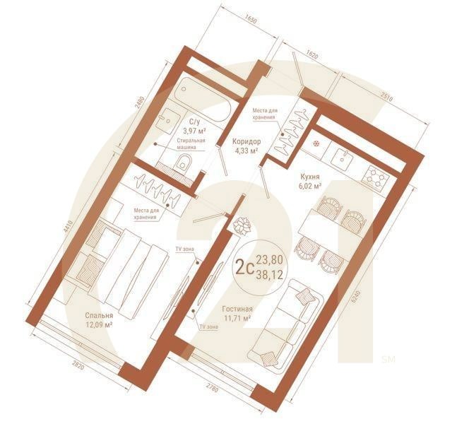 2-комн, 38.12 м², 18-25 этаж