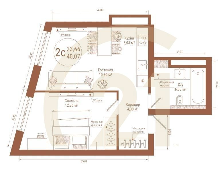 2-комн, 40.07 м², 16-25 этаж