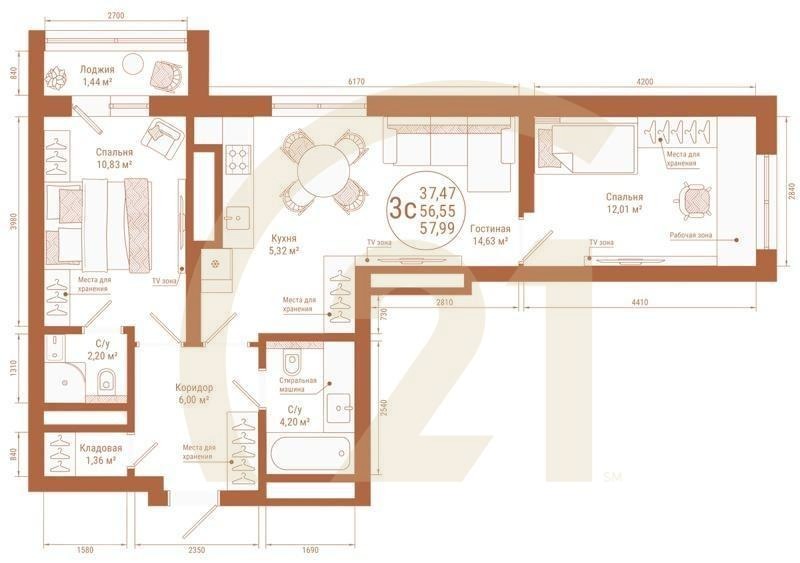 3-комн, 57.99 м², 17-25 этаж