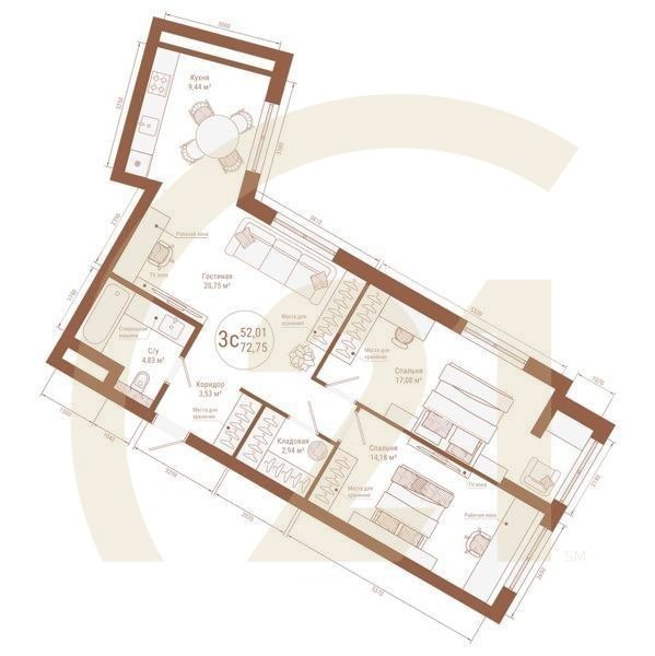 3-комн, 72.75 м², 23-25 этаж
