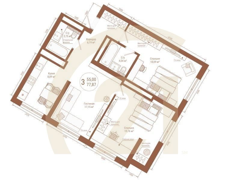 3-комн, 77.87 м², 25 этаж