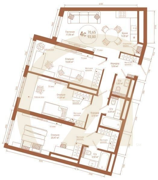 4-комн, 93.8 м², 25 этаж