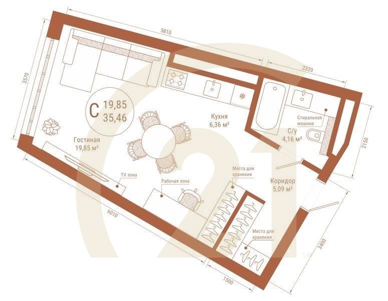 Студия, 35.46 м², 18-20 этаж