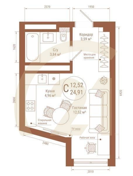 Студия, 24.91 м², 25 этаж