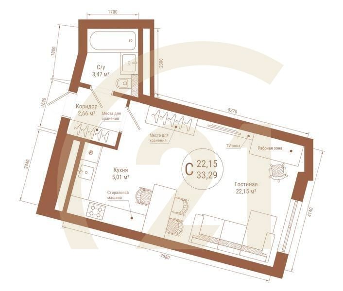 Студия, 33.29 м², 22-25 этаж