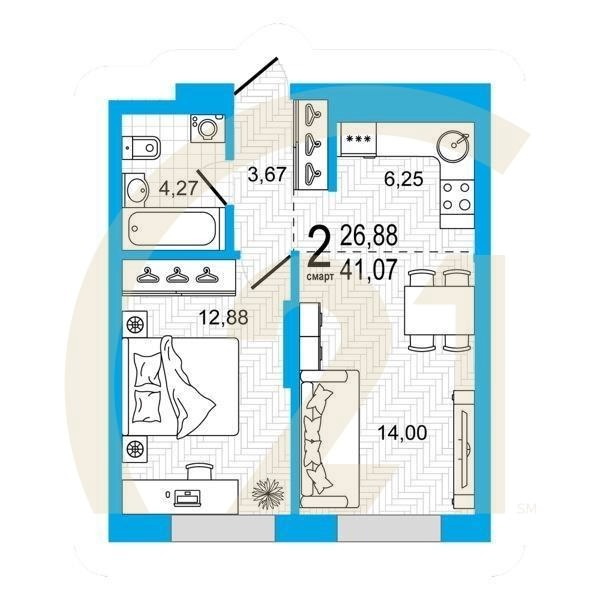 2-комн, 41.07 м², 13-16 этаж