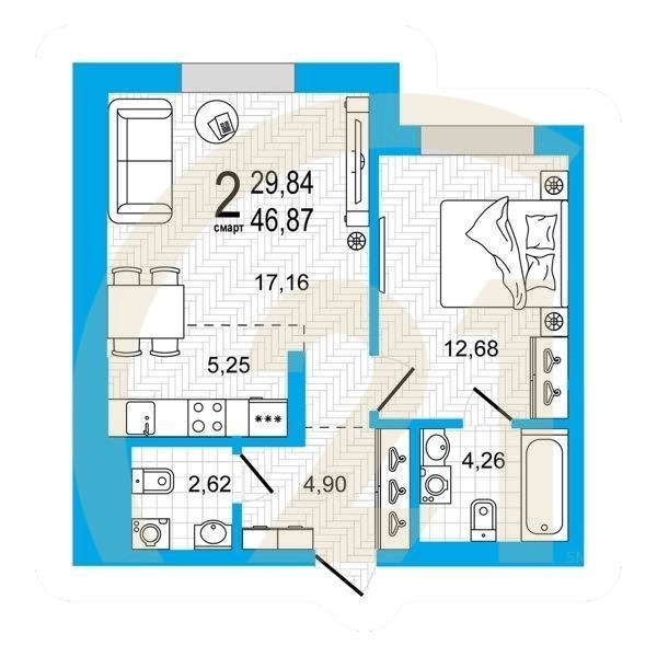 2-комн, 46.87 м², 10-18 этаж
