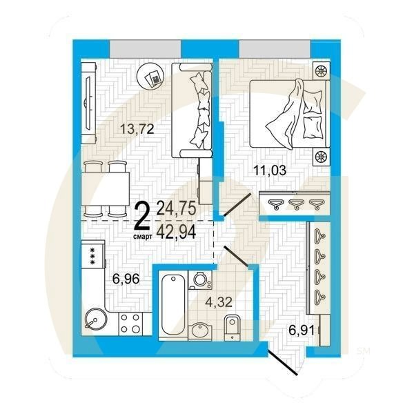 2-комн, 42.94 м², 13-21 этаж