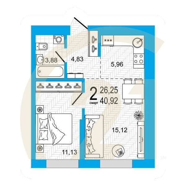 2-комн, 40.92 м², 9-20 этаж