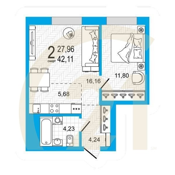 2-комн, 42.11 м², 15-21 этаж