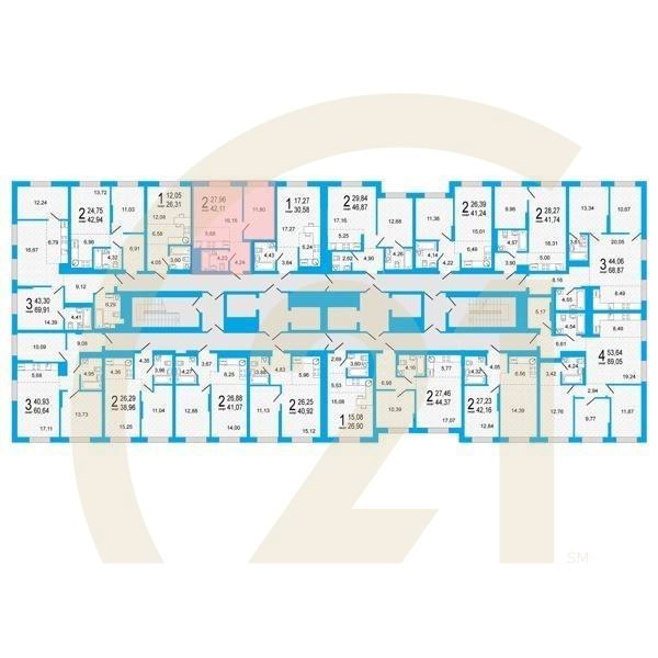 2-комн, 42.11 м², 15-21 этаж