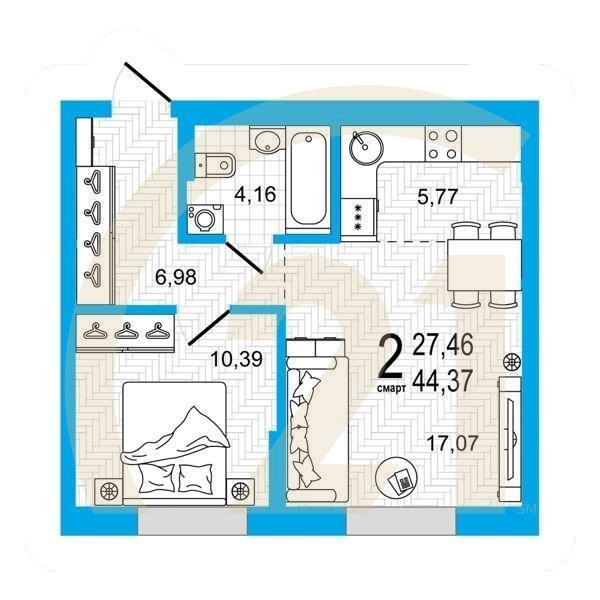 2-комн, 44.37 м², 13 этаж