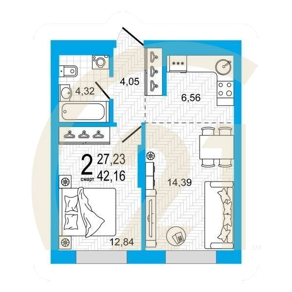 2-комн, 42.16 м², 9-21 этаж