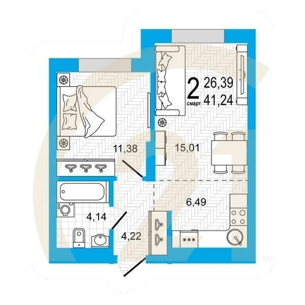 2-комн, 41.24 м², 13-17 этаж