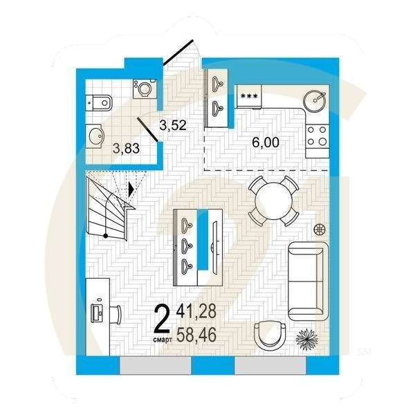 2-комн, 58.46 м², 25 этаж