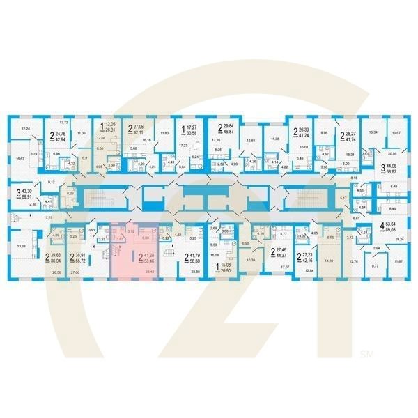 2-комн, 58.46 м², 25 этаж