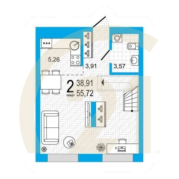 2-комн, 55.72 м², 25 этаж