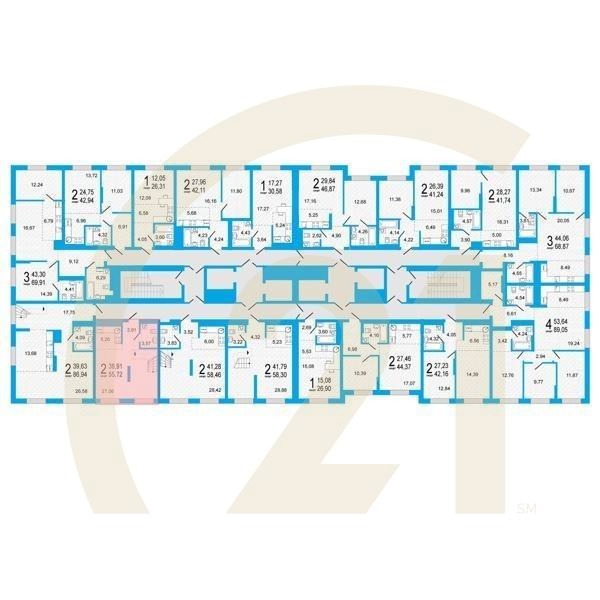 2-комн, 55.72 м², 25 этаж