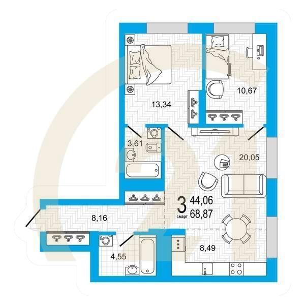 3-комн, 68.87 м², 23-24 этаж