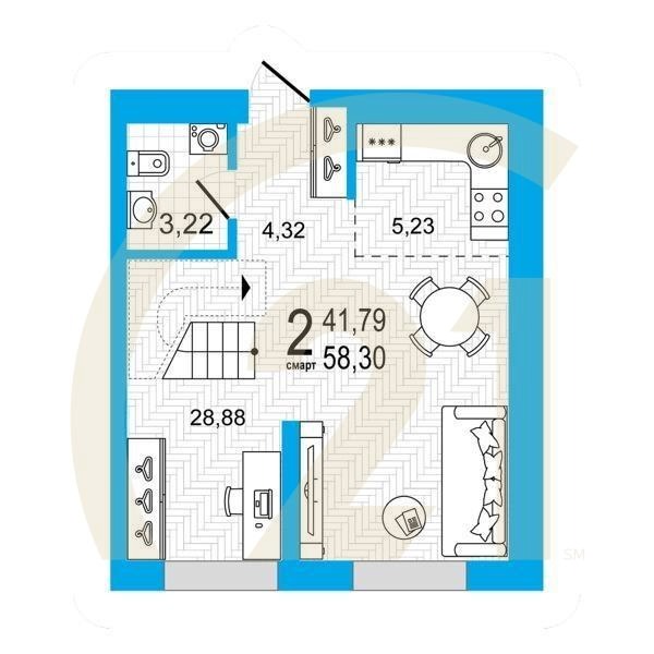 2-комн, 58.3 м², 25 этаж