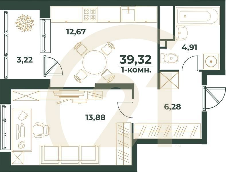1-комн, 39.32 м², 1-24 этаж