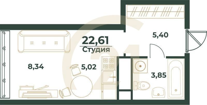 Студия, 22.61 м², 2-24 этаж