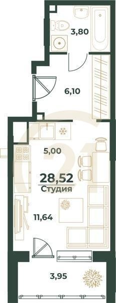 Студия, 28.52 м², 1-24 этаж