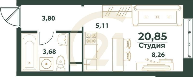 Студия, 20.85 м², 2-24 этаж