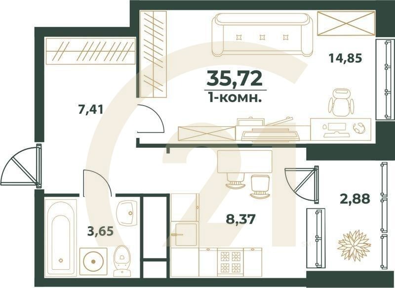 1-комн, 35.72 м², 2-24 этаж