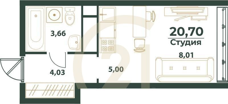 Студия, 20.7 м², 1-24 этаж