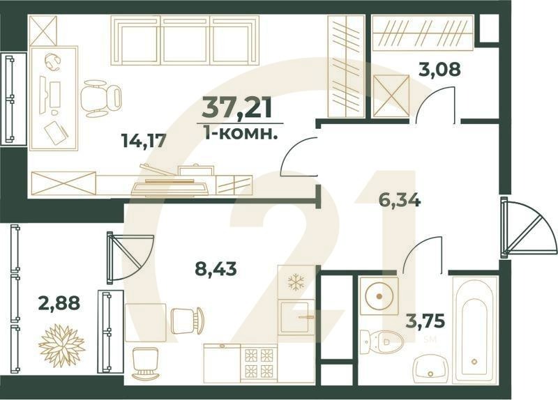 1-комн, 37.21 м², 1-24 этаж