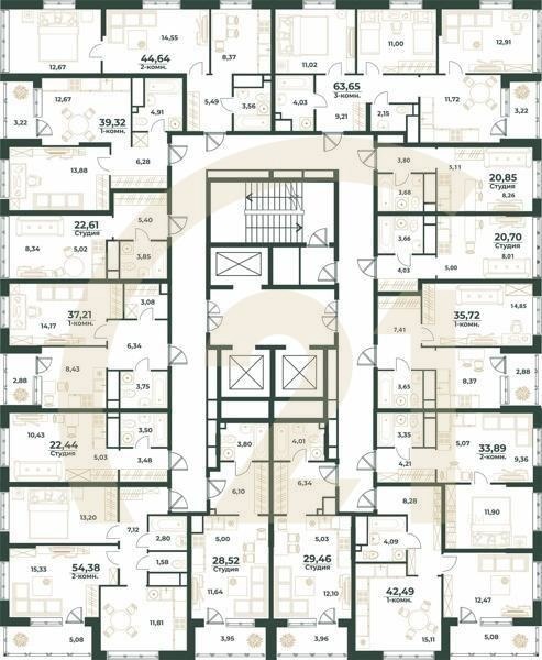 1-комн, 37.21 м², 1-24 этаж