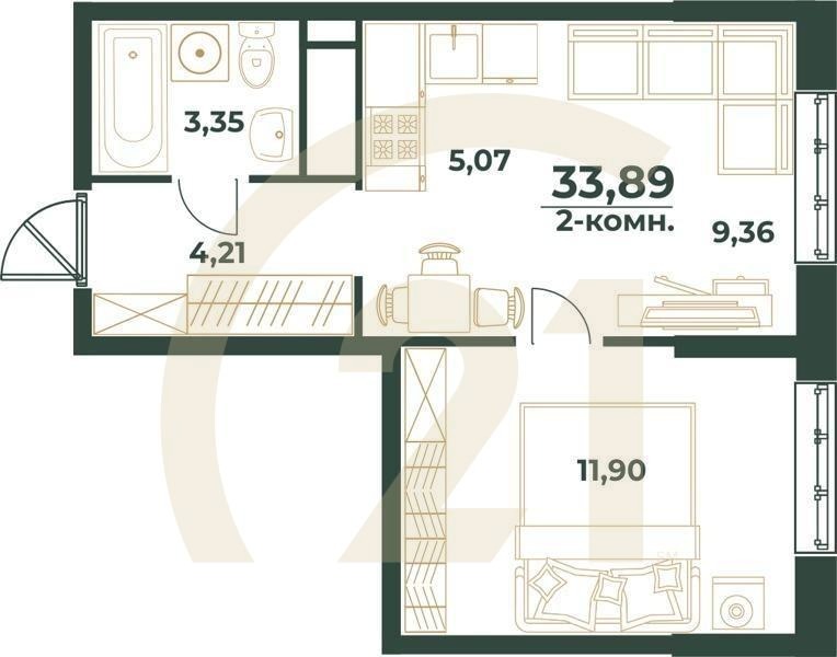 2-комн, 33.89 м², 2-24 этаж
