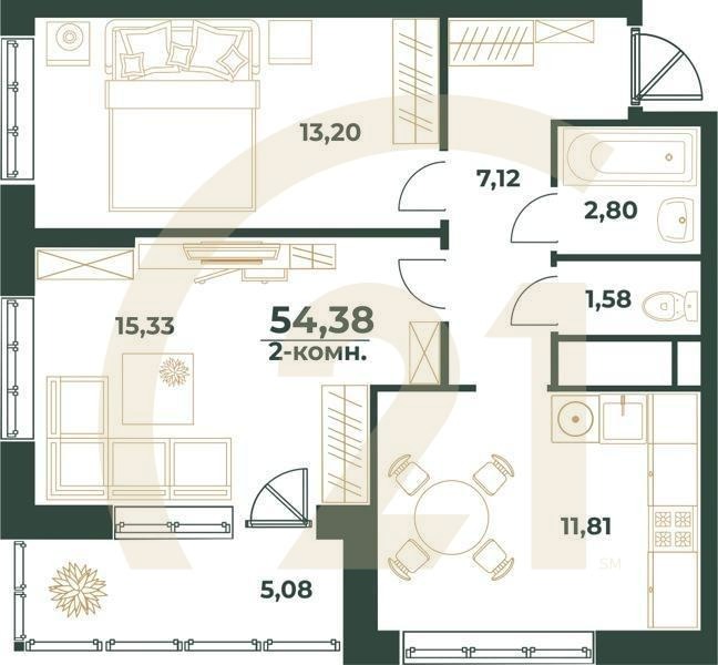 2-комн, 54.38 м², 1-24 этаж