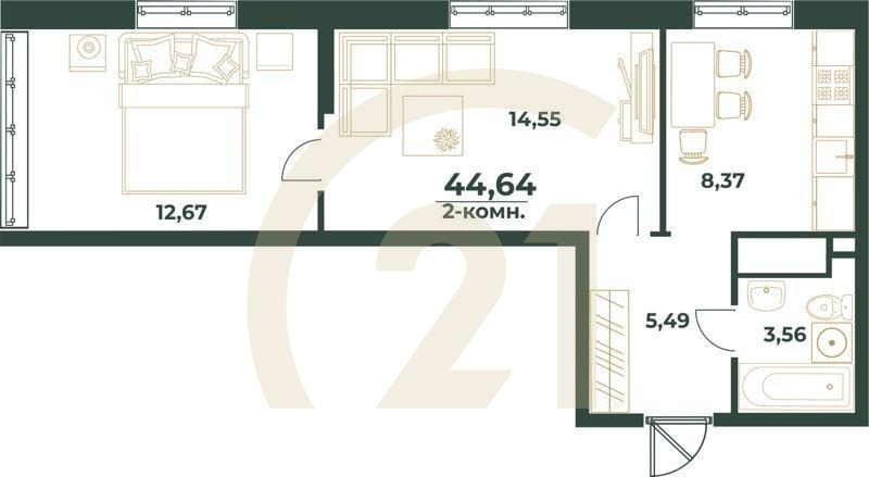 2-комн, 44.64 м², 1-24 этаж