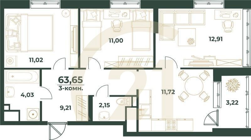 3-комн, 63.65 м², 1-22 этаж