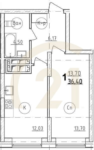 1-комн, 36.8 м², 27-30 этаж