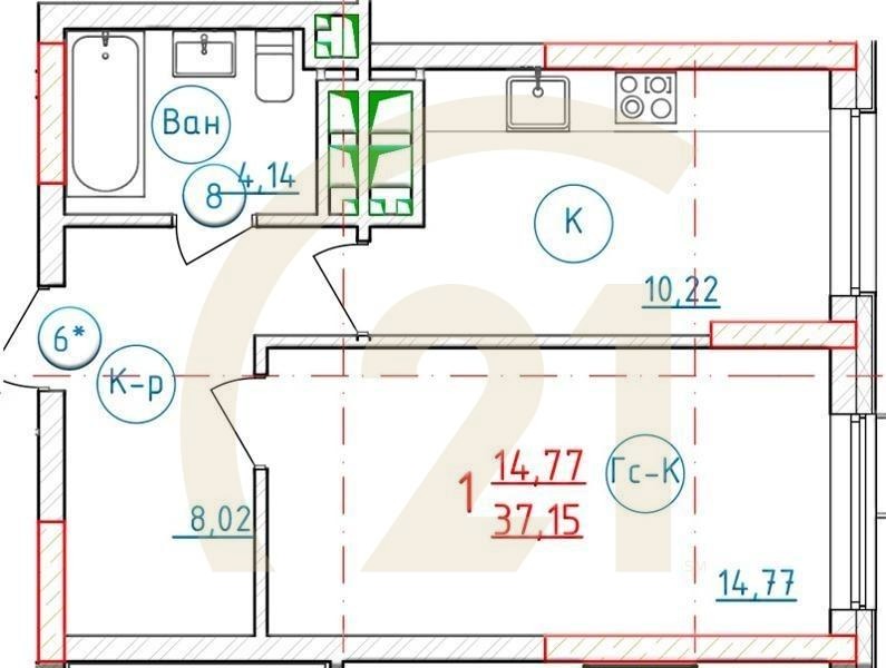 1-комн, 37.2 м², 29 этаж