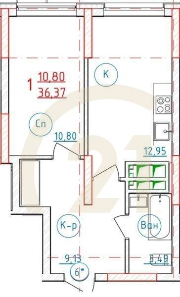 1-комн, 36.1 м², 24-30 этаж