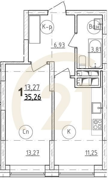 1-комн, 36.3 м², 18 этаж