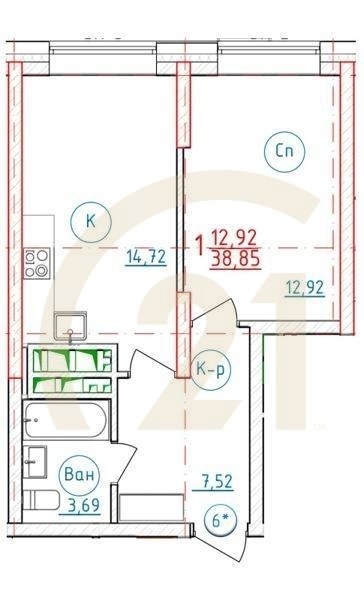 1-комн, 38.8 м², 21-30 этаж