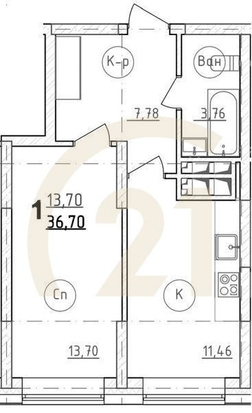 1-комн, 37.7 м², 17-30 этаж