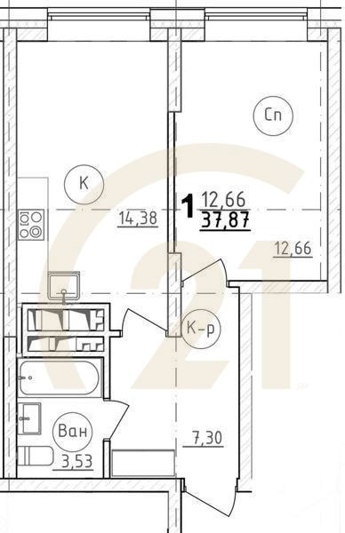 1-комн, 38.6 м², 27 этаж