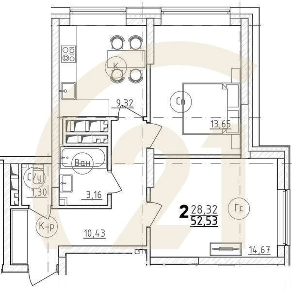 2-комн, 55.3 м², 13 этаж