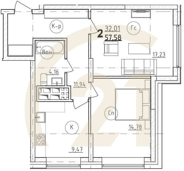 2-комн, 59.8 м², 13 этаж
