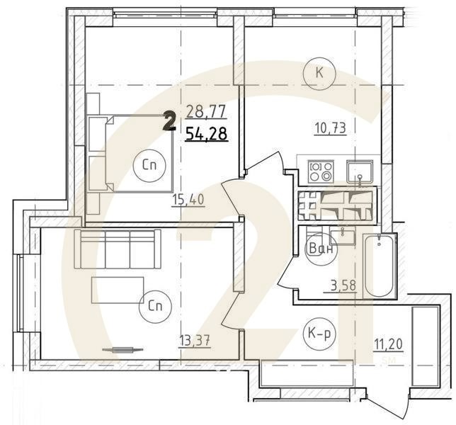 2-комн, 56 м², 13 этаж