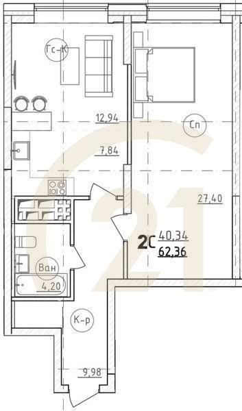 2-комн, 61.7 м², 22 этаж