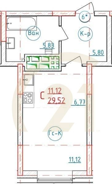 Студия, 29.3 м², 22-29 этаж